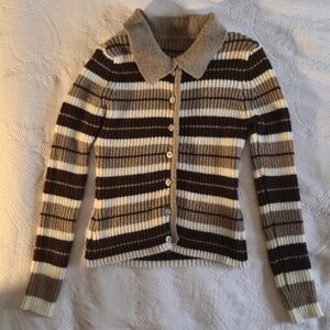 YesStyle Striped Ribbed Cardigan in Brown, Cream & Tan Size M